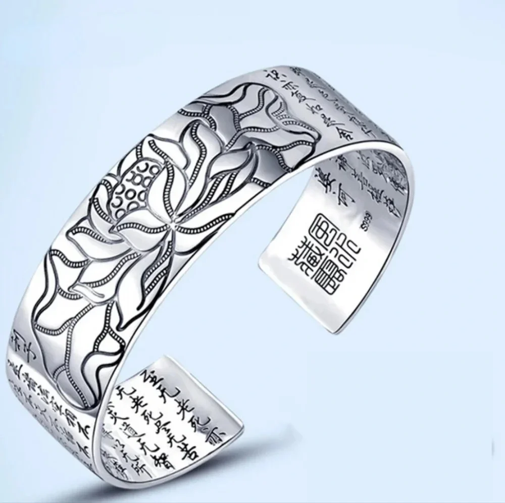 Unisex‎ Large S999 Thai Pure Silver Lotus Cuff Bracelet, Adjustable